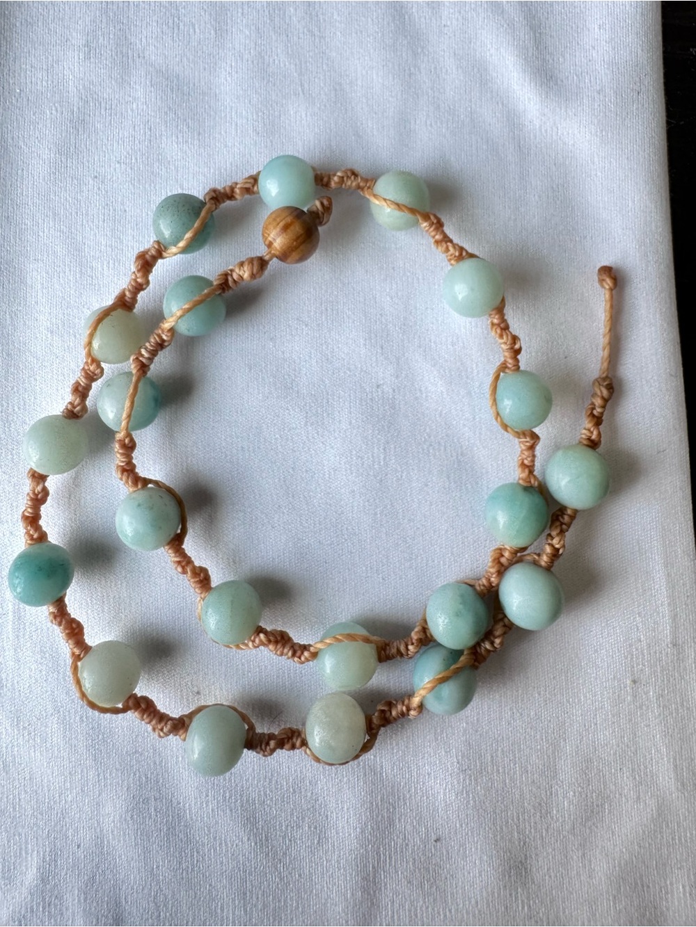 Amazonite Beaded Necklace — Light Aqua Green with Tan Cord